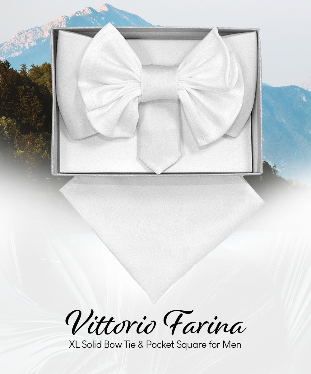 Vittorio Farina Men's XL Solid Satin Bow Tie & Pocket Square in Gift Box - Suits You Sir - White - 
