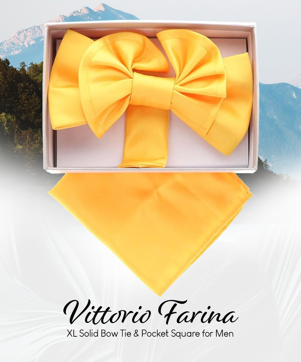 Vittorio Farina Men's XL Solid Satin Bow Tie & Pocket Square in Gift Box - Suits You Sir - Yellow - 