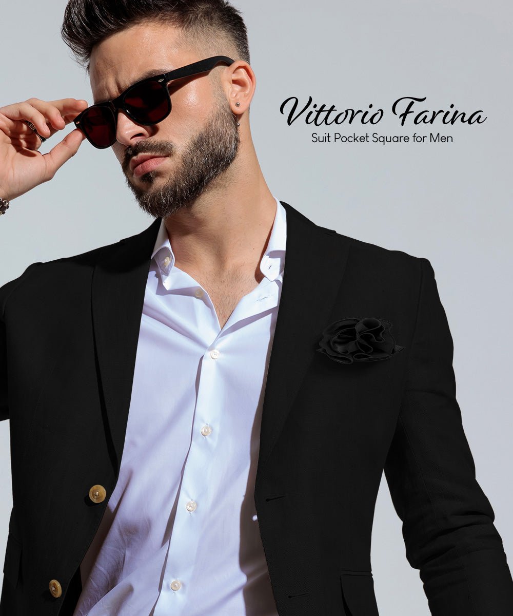 Vittorio Farina Round Satin Pocket Square with Embroidered Piping - Suits You Sir - Black and Black - 