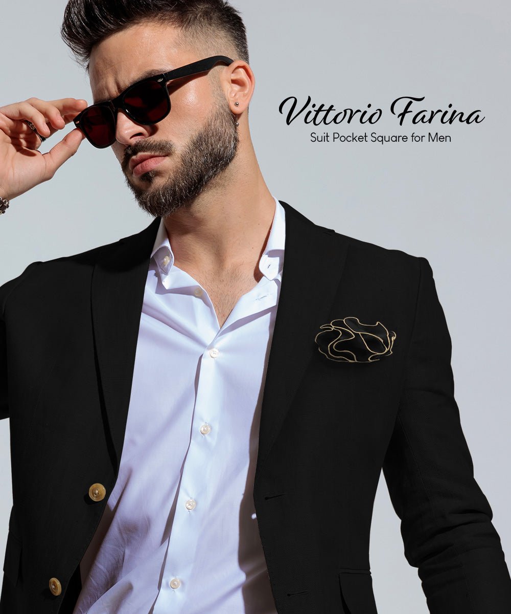 Vittorio Farina Round Satin Pocket Square with Embroidered Piping - Suits You Sir - Black and Tan - 