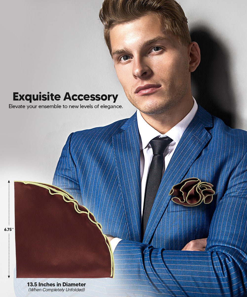 Vittorio Farina Round Satin Pocket Square with Embroidered Piping - Suits You Sir - Brown and Lime Green - 