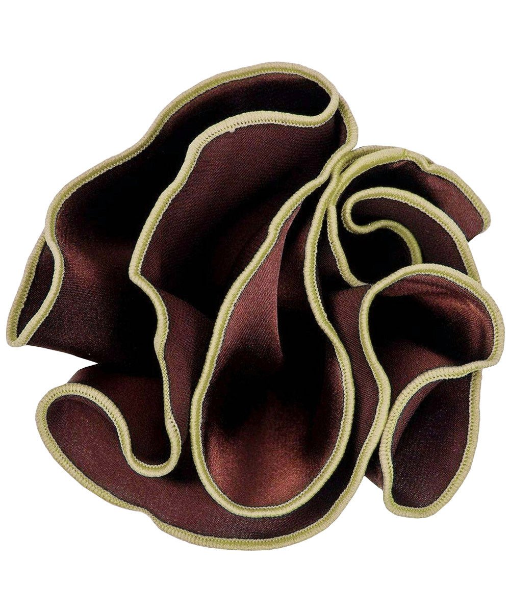 Vittorio Farina Round Satin Pocket Square with Embroidered Piping - Suits You Sir - Brown and Lime Green - 