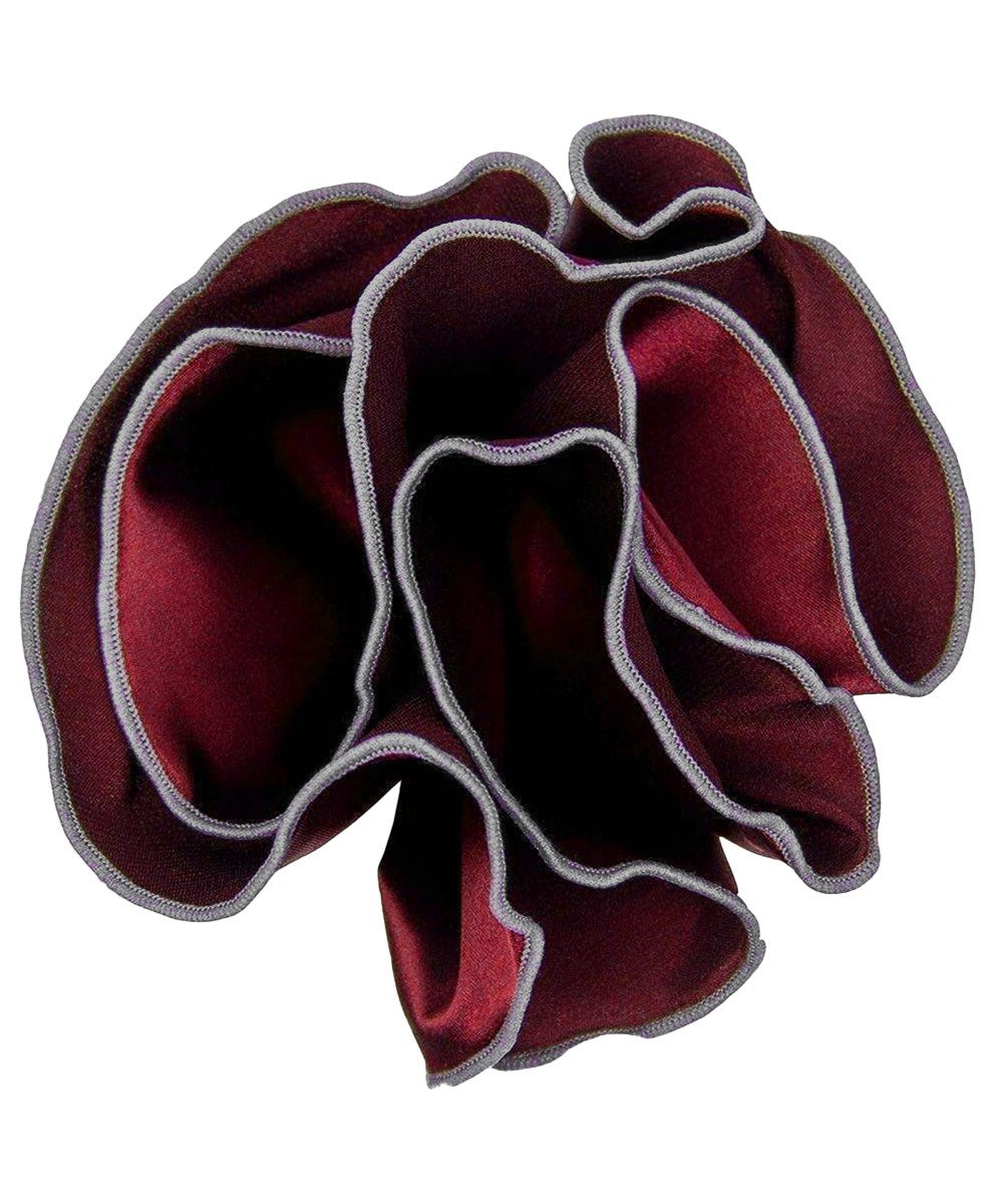 Vittorio Farina Round Satin Pocket Square with Embroidered Piping - Suits You Sir - Burgundy and Gray - 