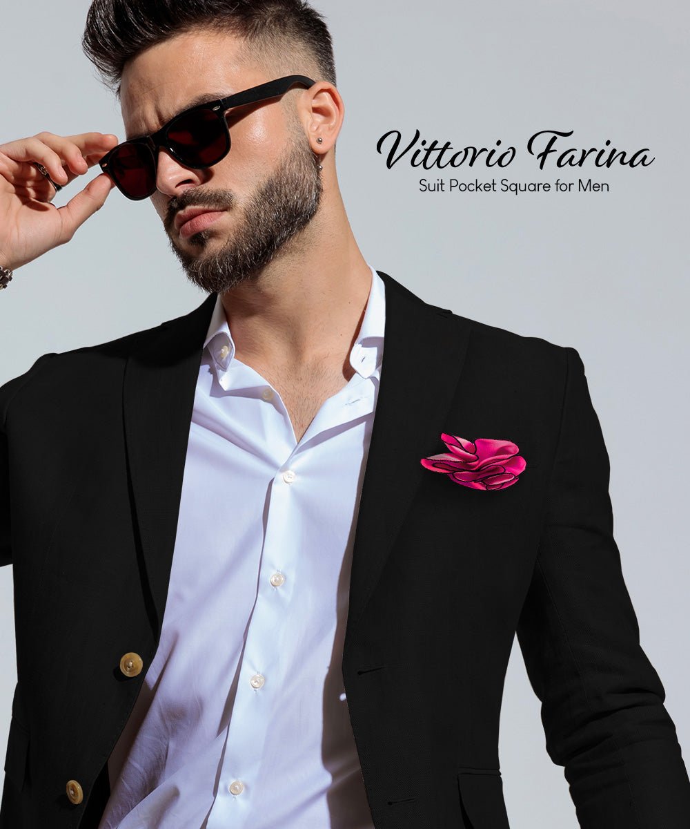 Vittorio Farina Round Satin Pocket Square with Embroidered Piping - Suits You Sir - Hot Pink and Black - 