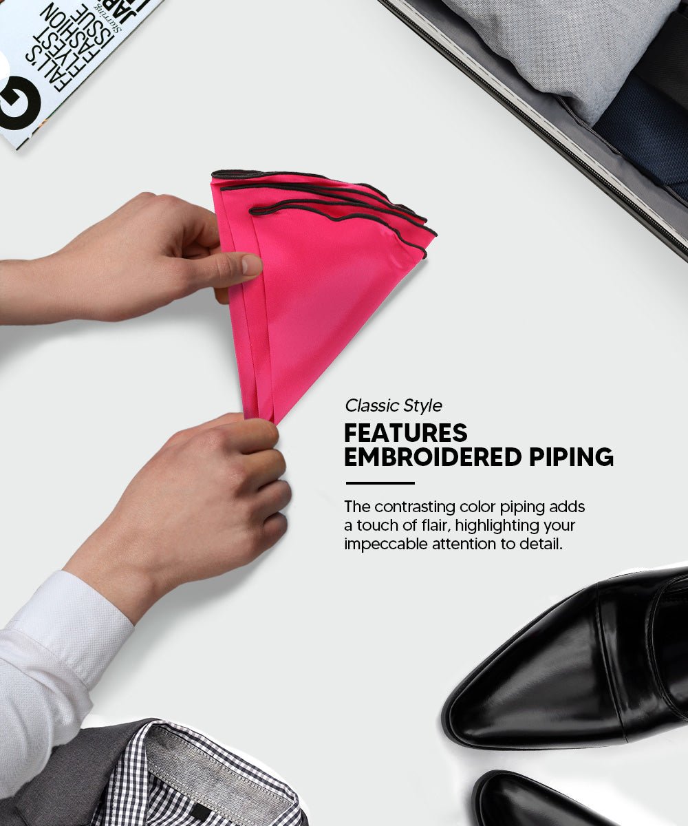 Vittorio Farina Round Satin Pocket Square with Embroidered Piping - Suits You Sir - Hot Pink and Black - 