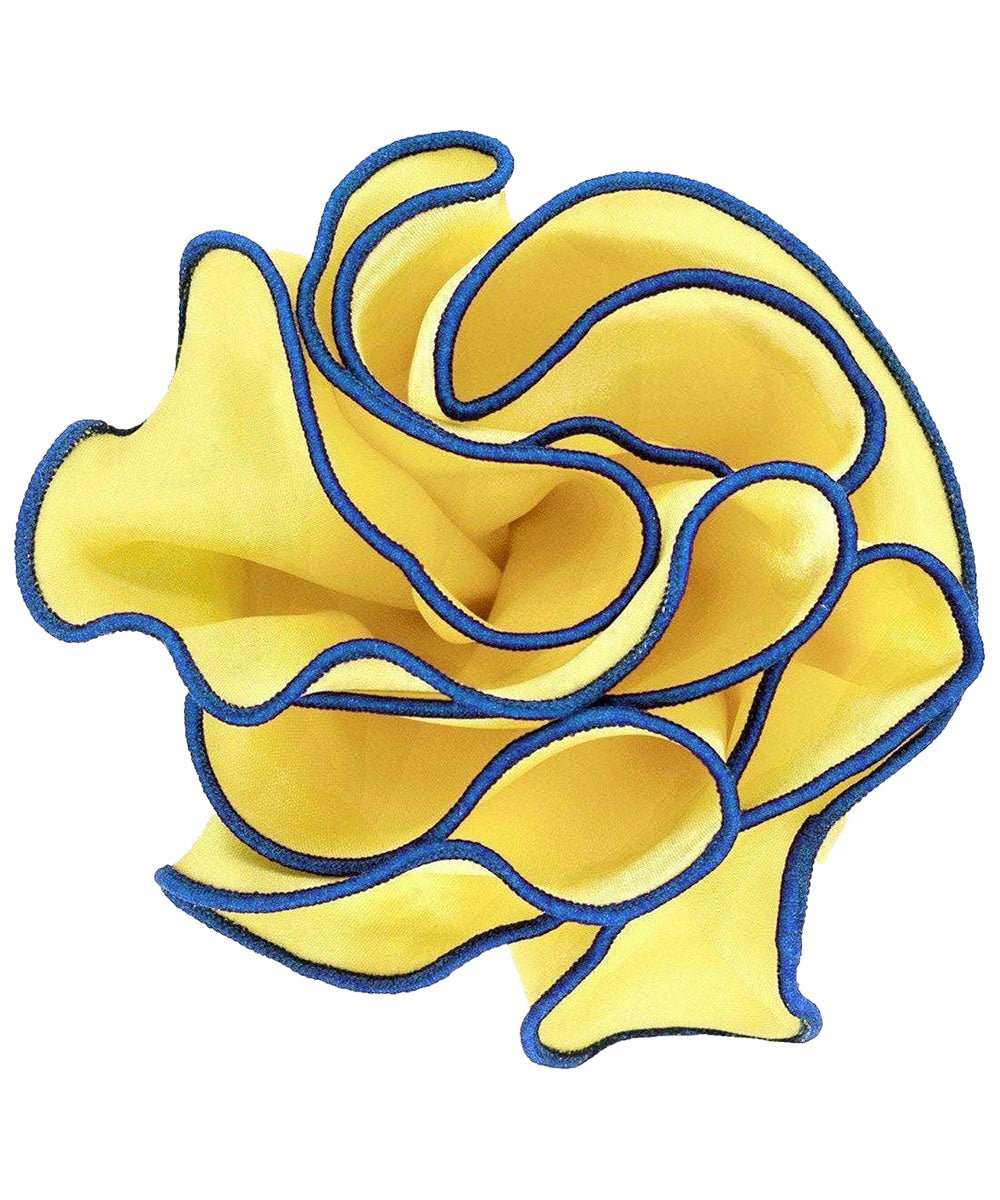 Vittorio Farina Round Satin Pocket Square with Embroidered Piping - Suits You Sir - Maize and Royal - 
