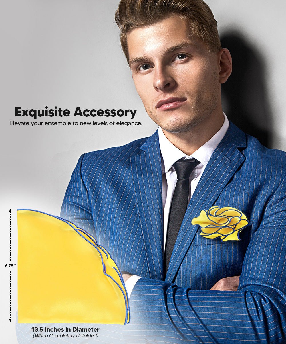 Vittorio Farina Round Satin Pocket Square with Embroidered Piping - Suits You Sir - Maize and Royal - 