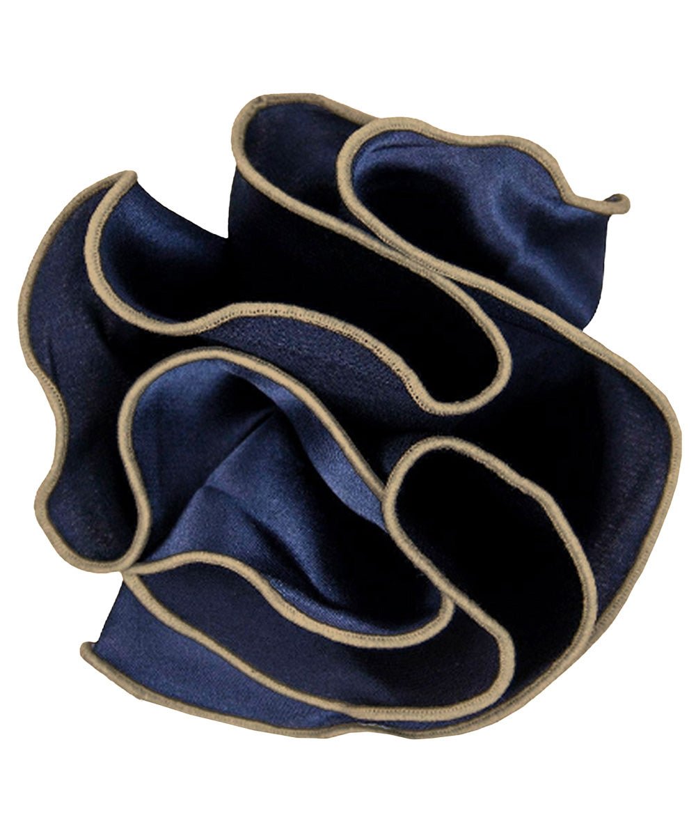 Vittorio Farina Round Satin Pocket Square with Embroidered Piping - Suits You Sir - Navy Blue and Tan - 