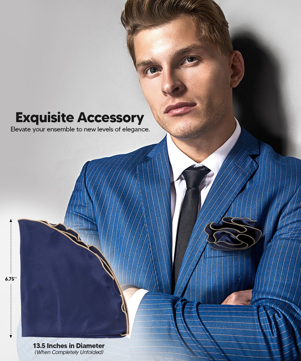 Vittorio Farina Round Satin Pocket Square with Embroidered Piping - Suits You Sir - Navy Blue and Tan - 