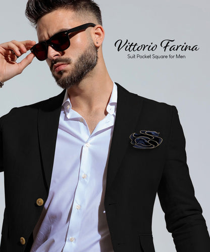 Vittorio Farina Round Satin Pocket Square with Embroidered Piping - Suits You Sir - Navy Blue and Tan - 