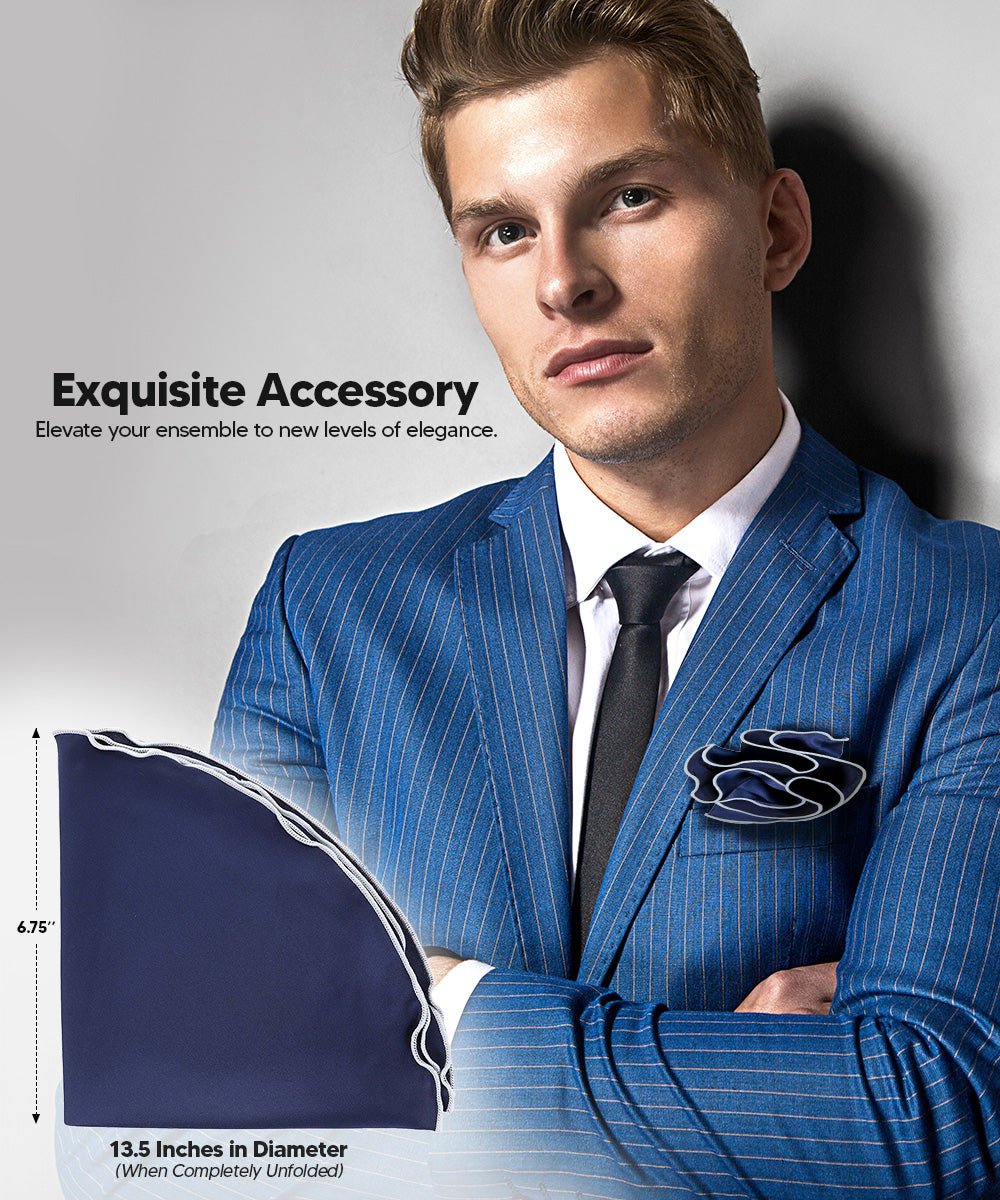Vittorio Farina Round Satin Pocket Square with Embroidered Piping - Suits You Sir - Navy Blue and White - 