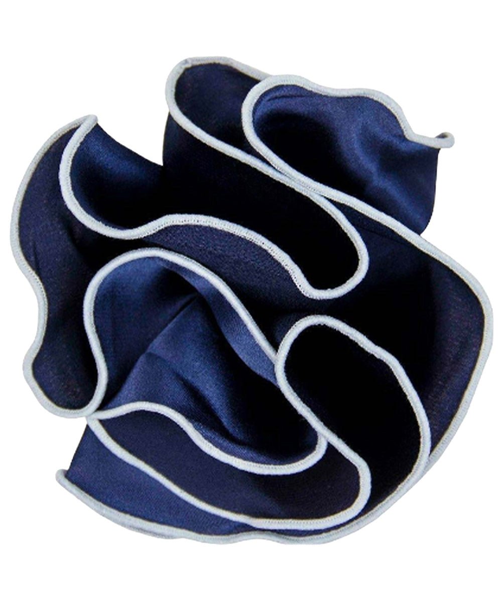 Vittorio Farina Round Satin Pocket Square with Embroidered Piping - Suits You Sir - Navy Blue and White - 