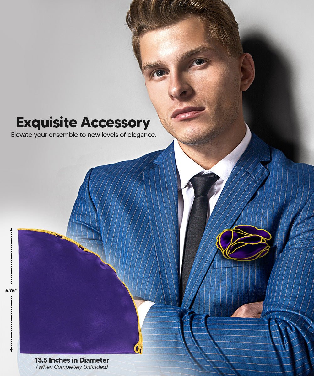 Vittorio Farina Round Satin Pocket Square with Embroidered Piping - Suits You Sir - Purple and Yellow - 