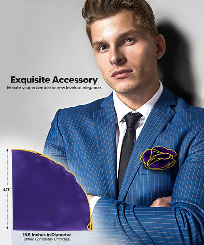 Vittorio Farina Round Satin Pocket Square with Embroidered Piping - Suits You Sir - Purple and Yellow - 