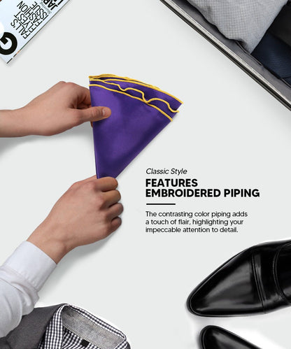 Vittorio Farina Round Satin Pocket Square with Embroidered Piping - Suits You Sir - Purple and Yellow - 