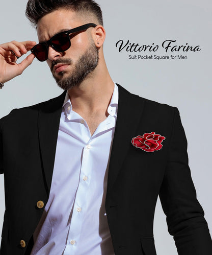 Vittorio Farina Round Satin Pocket Square with Embroidered Piping - Suits You Sir - Red and White - 
