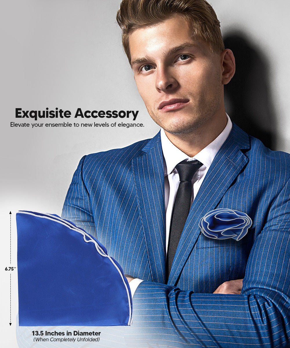 Vittorio Farina Round Satin Pocket Square with Embroidered Piping - Suits You Sir - Royal Blue and White - 