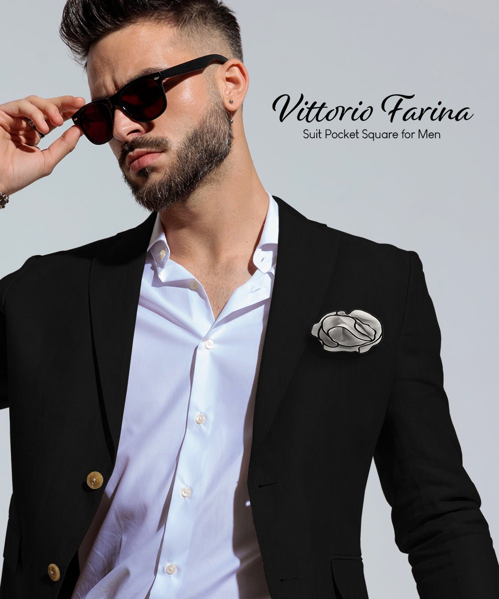 Vittorio Farina Round Satin Pocket Square with Embroidered Piping - Suits You Sir - Silver Gray and Black - 