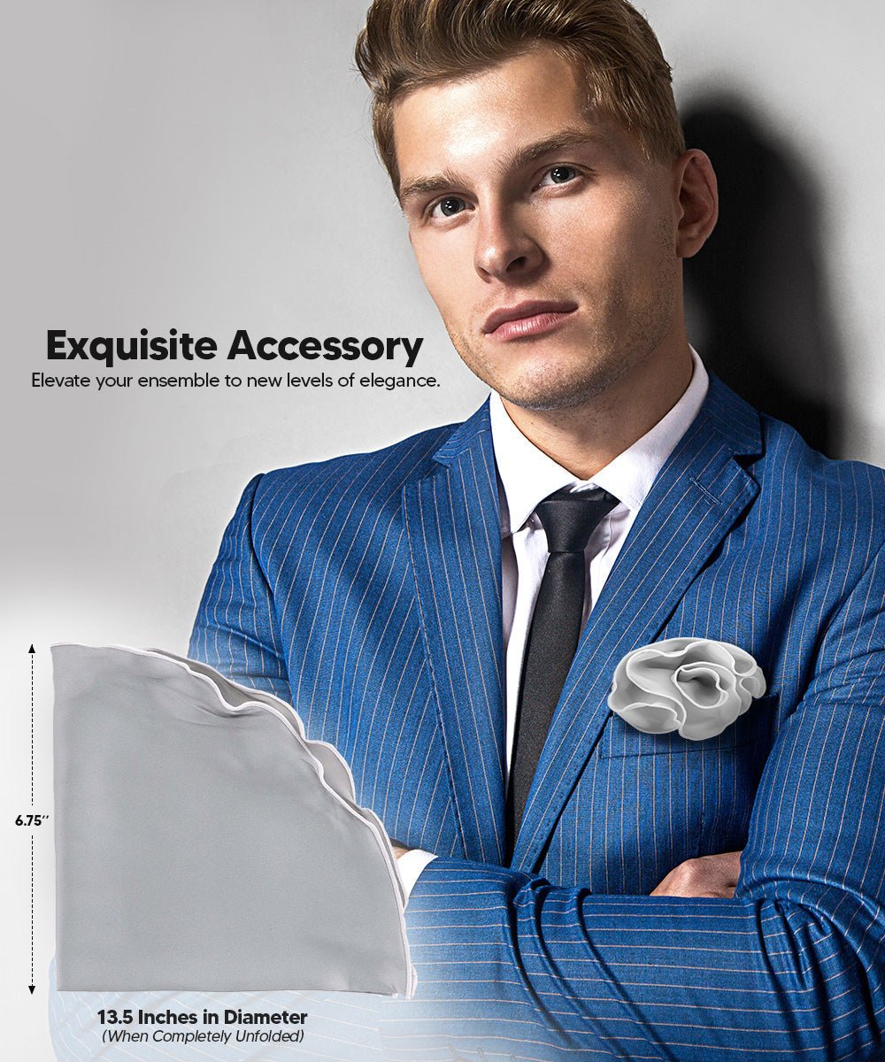 Vittorio Farina Round Satin Pocket Square with Embroidered Piping - Suits You Sir - Silver Gray and White - 