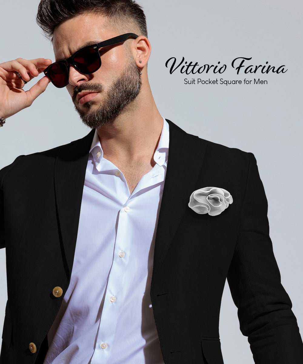 Vittorio Farina Round Satin Pocket Square with Embroidered Piping - Suits You Sir - Silver Gray and White - 