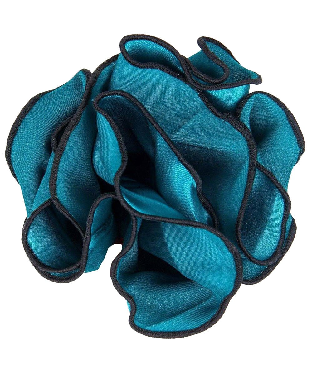 Vittorio Farina Round Satin Pocket Square with Embroidered Piping - Suits You Sir - Teal Blue and Black - 