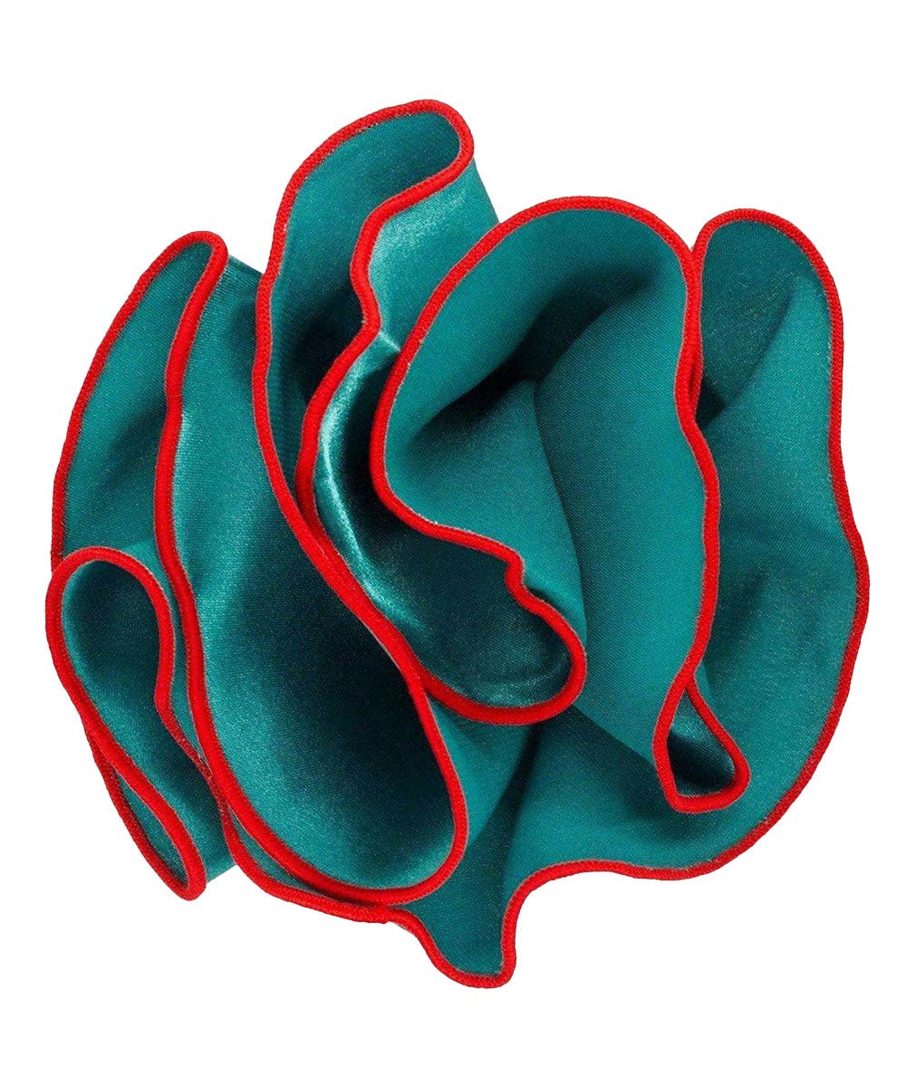 Vittorio Farina Round Satin Pocket Square with Embroidered Piping - Suits You Sir - Teal Blue and Red - 