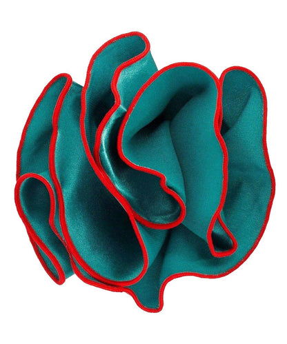 Vittorio Farina Round Satin Pocket Square with Embroidered Piping - Suits You Sir - Teal Blue and Red - 