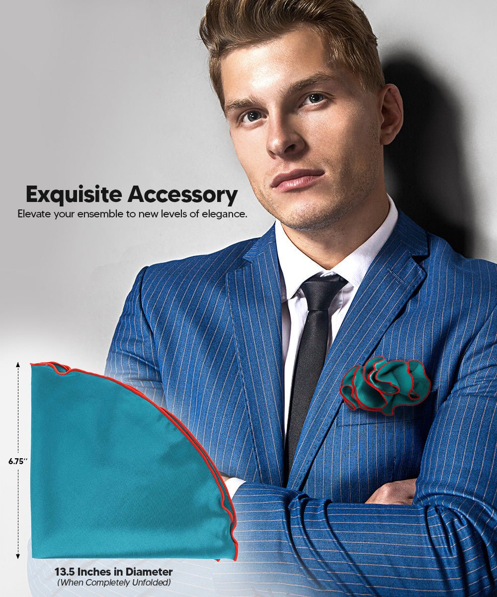 Vittorio Farina Round Satin Pocket Square with Embroidered Piping - Suits You Sir - Teal Blue and Red - 