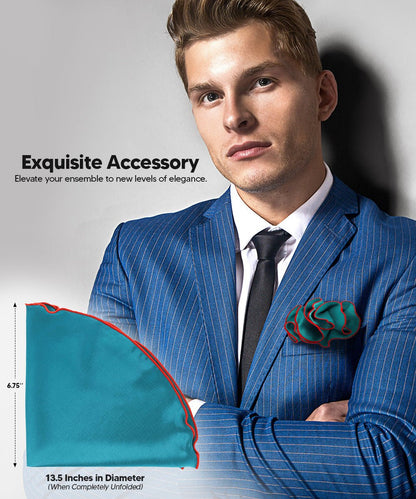 Vittorio Farina Round Satin Pocket Square with Embroidered Piping - Suits You Sir - Teal Blue and Red - 