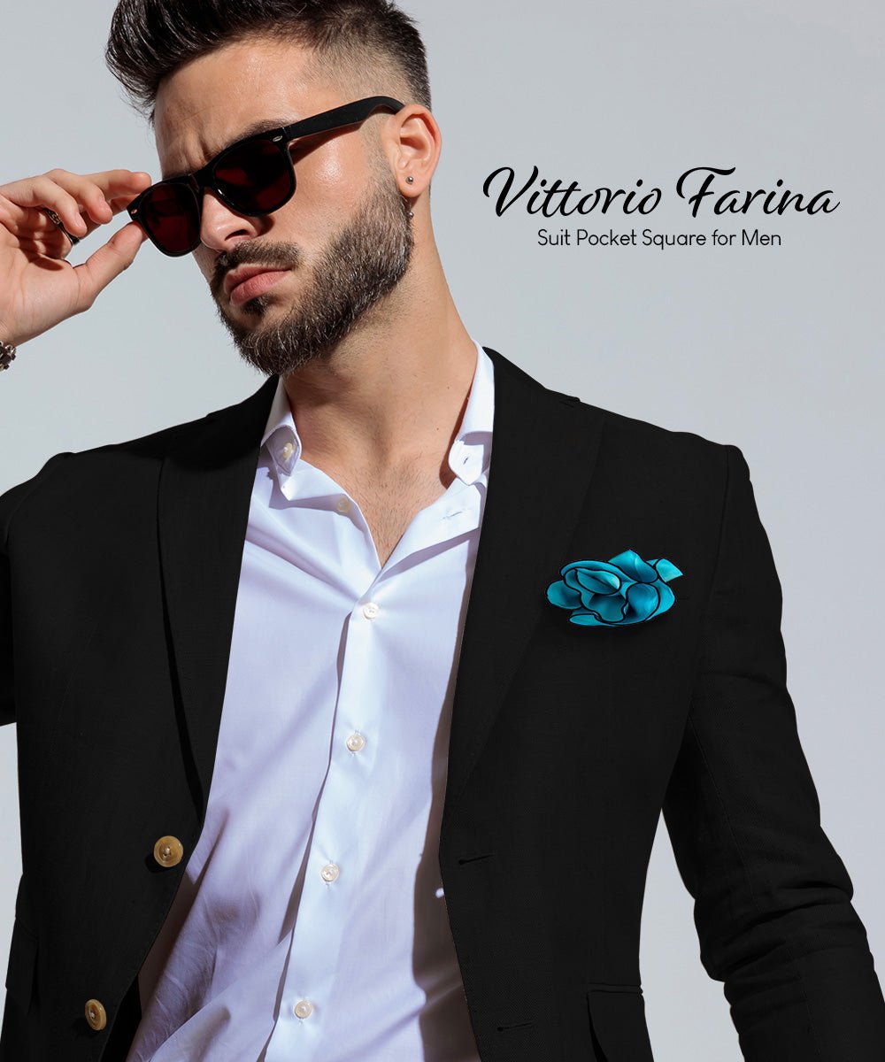Vittorio Farina Round Satin Pocket Square with Embroidered Piping - Suits You Sir - Turquoise and Black - 