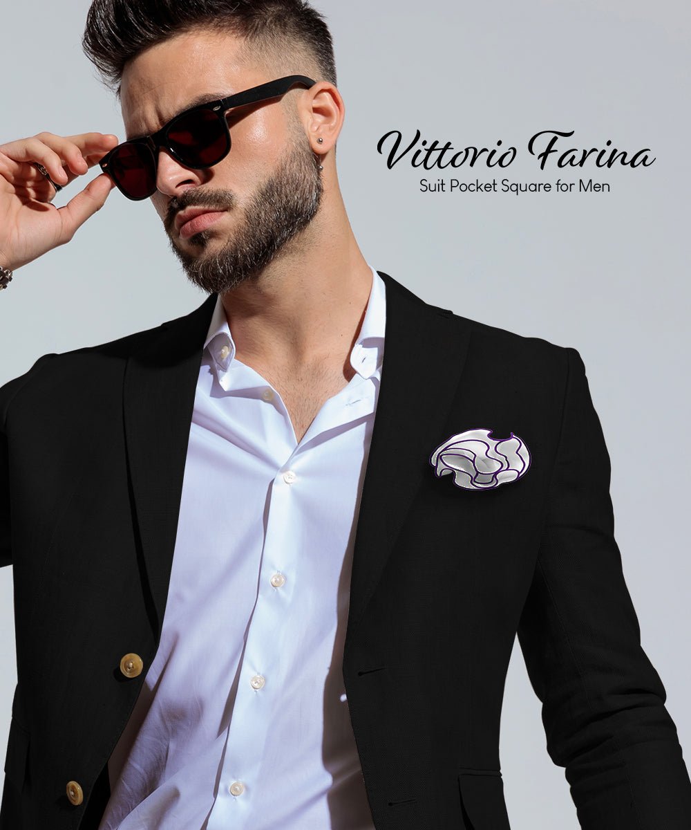Vittorio Farina Round Satin Pocket Square with Embroidered Piping - Suits You Sir - White and Purple - 