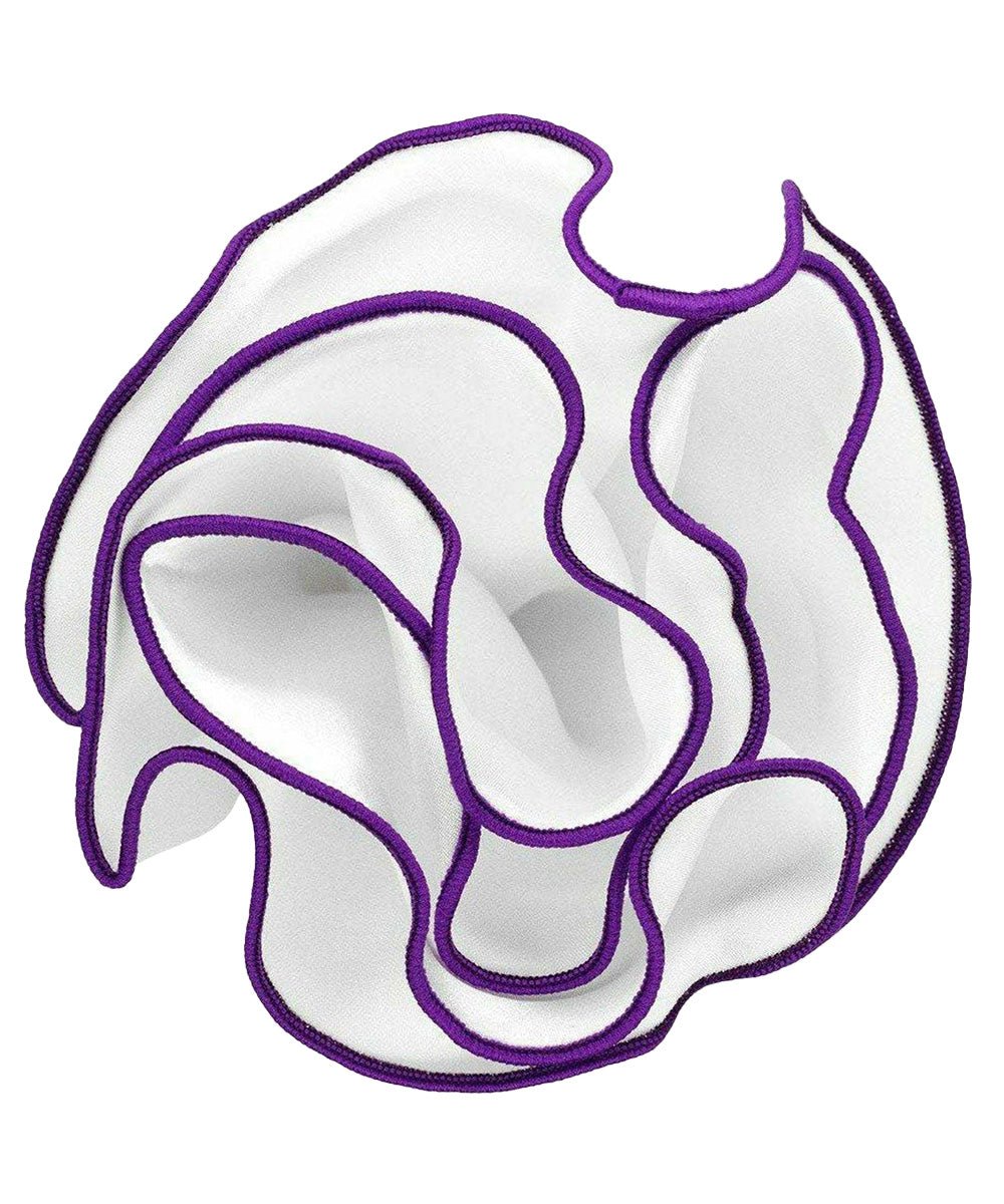 Vittorio Farina Round Satin Pocket Square with Embroidered Piping - Suits You Sir - White and Purple - 