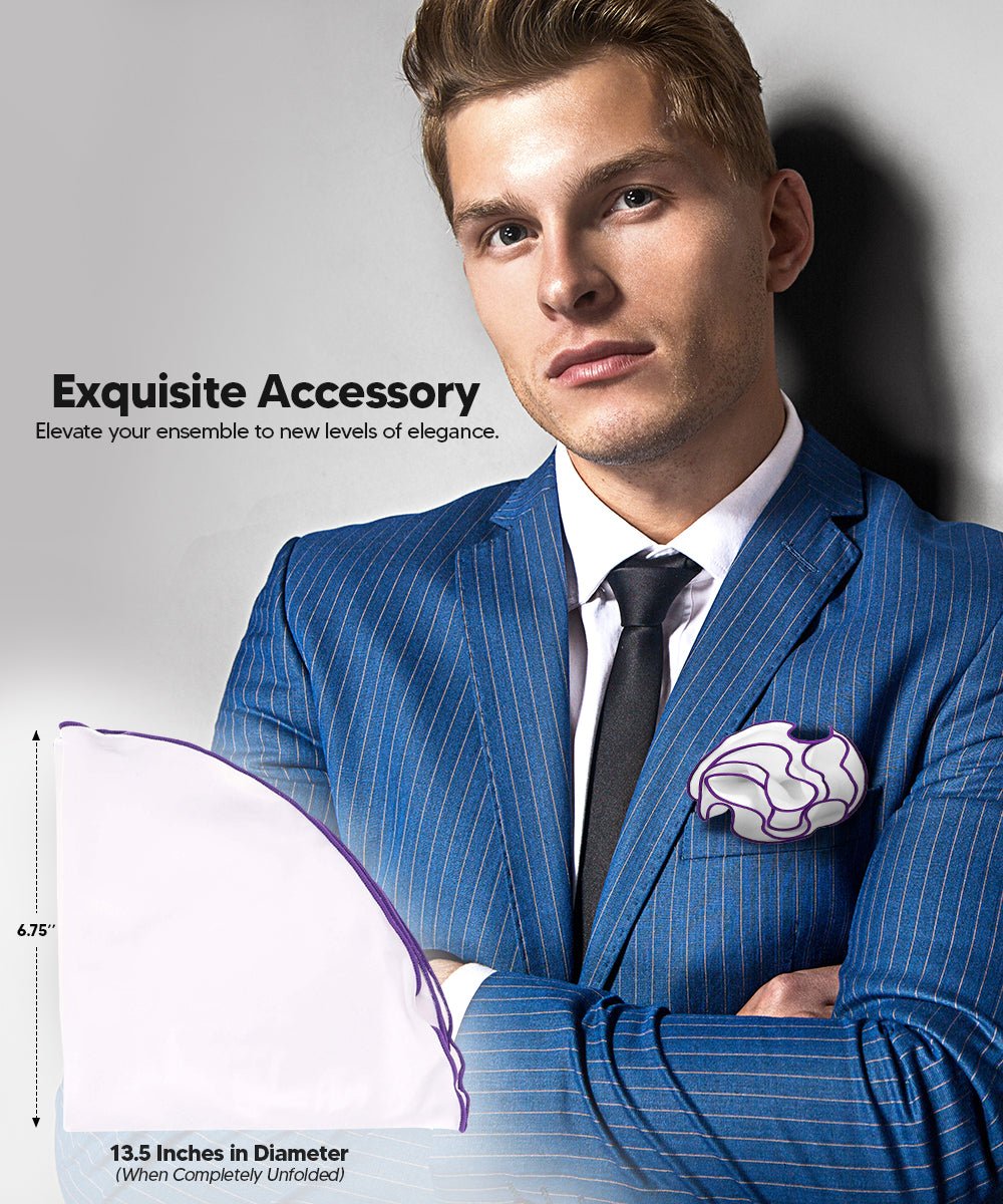 Vittorio Farina Round Satin Pocket Square with Embroidered Piping - Suits You Sir - White and Purple - 
