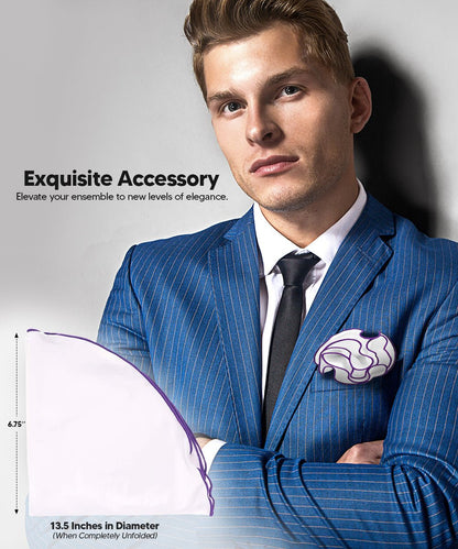 Vittorio Farina Round Satin Pocket Square with Embroidered Piping - Suits You Sir - White and Purple - 