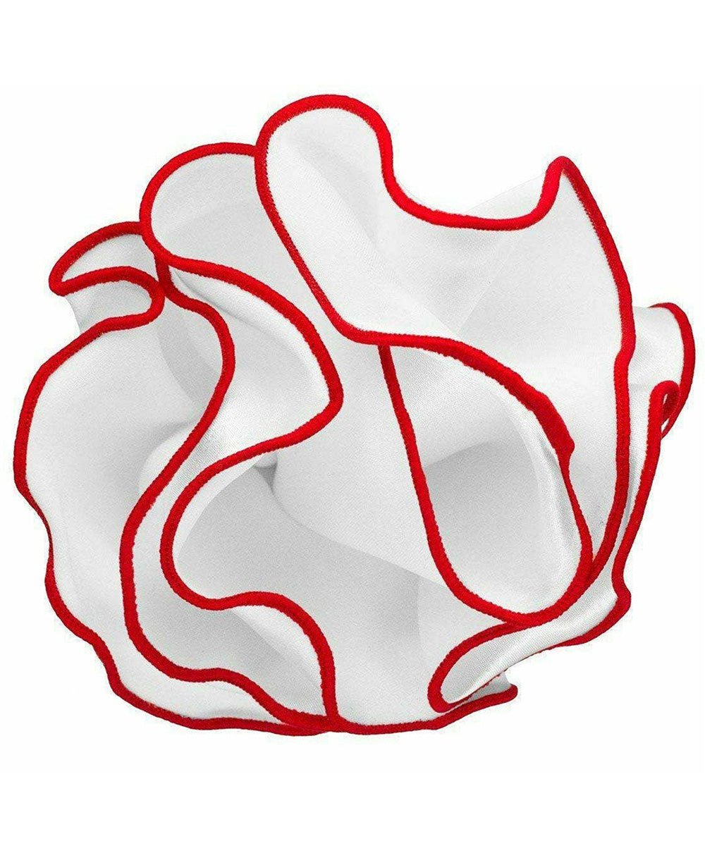 Vittorio Farina Round Satin Pocket Square with Embroidered Piping - Suits You Sir - White and Red - 