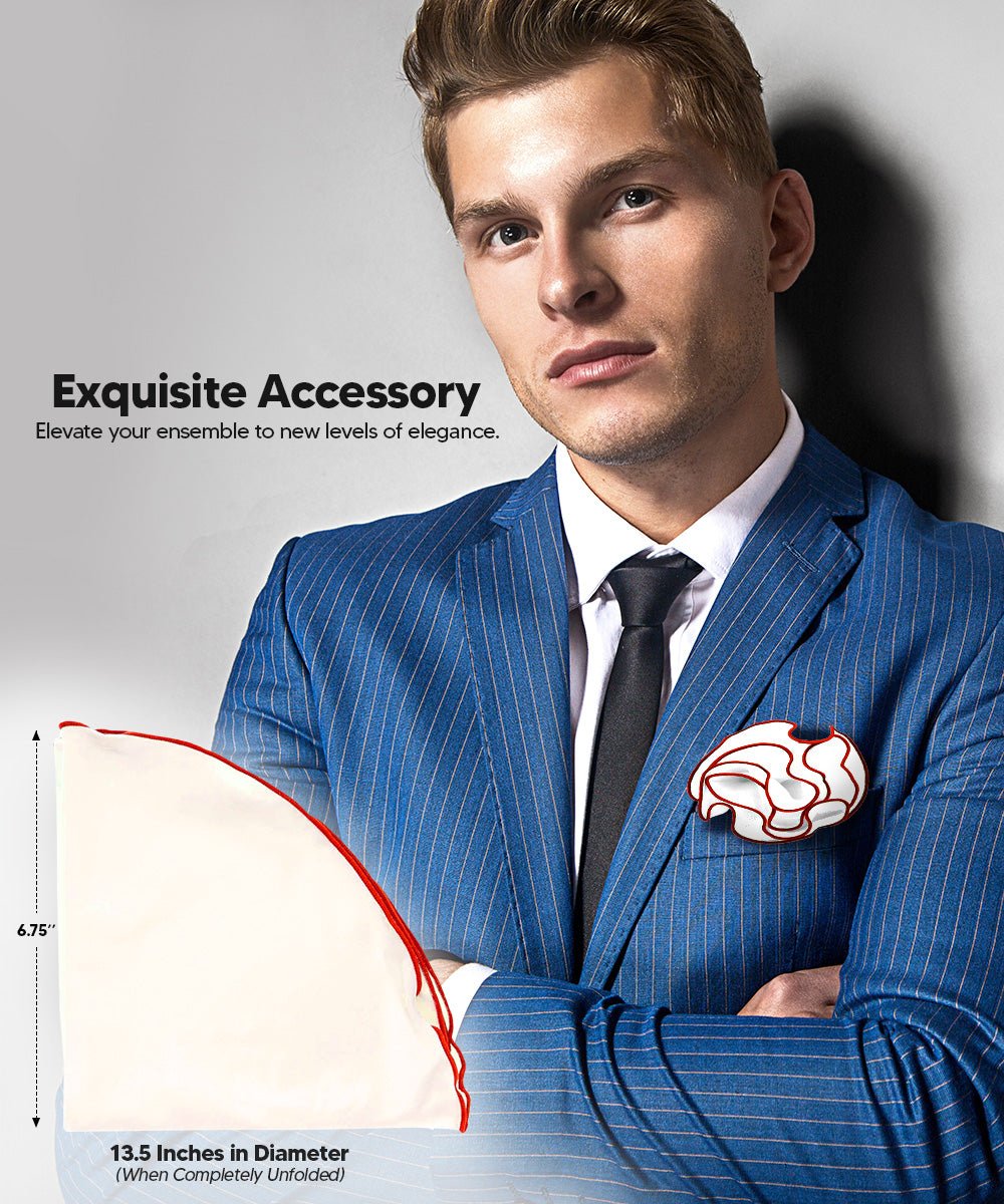 Vittorio Farina Round Satin Pocket Square with Embroidered Piping - Suits You Sir - White and Red - 