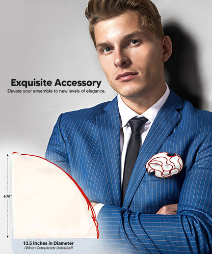Vittorio Farina Round Satin Pocket Square with Embroidered Piping - Suits You Sir - White and Red - 