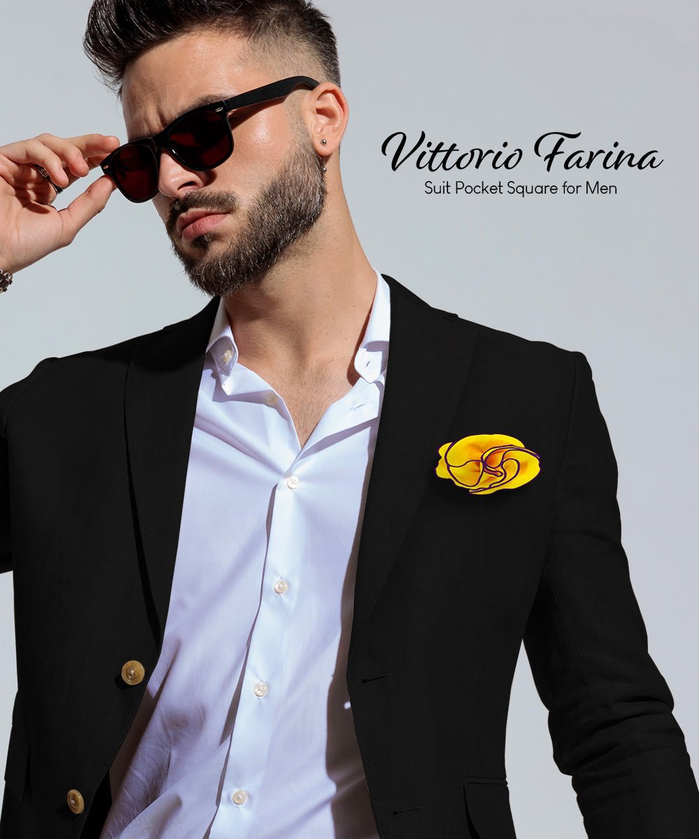 Vittorio Farina Round Satin Pocket Square with Embroidered Piping - Suits You Sir - Yellow and Purple - 