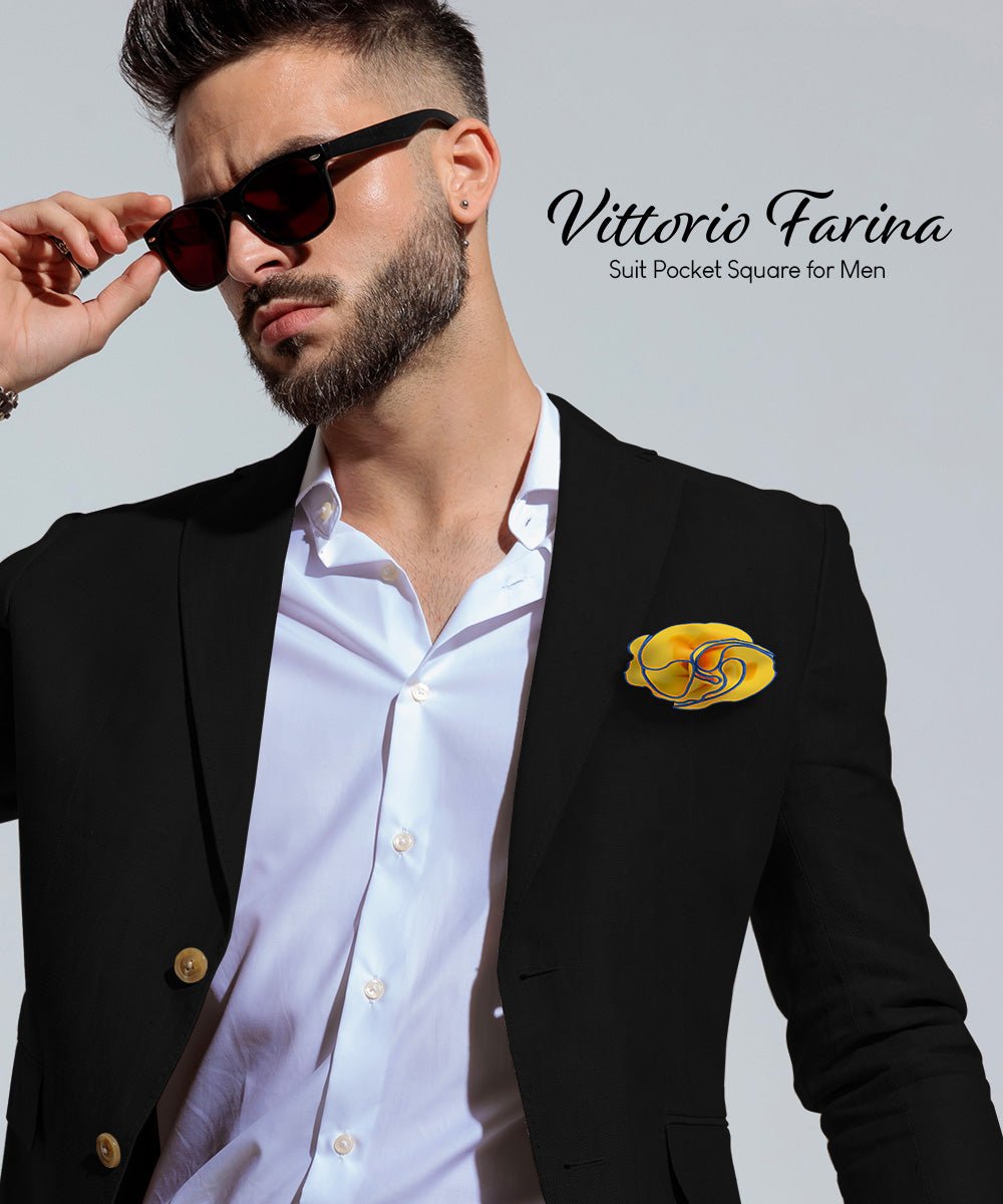 Vittorio Farina Round Satin Pocket Square with Embroidered Piping - Suits You Sir - Yellow and Royal - 