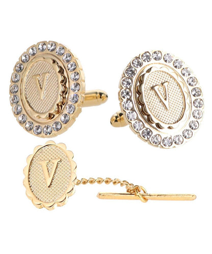 Vittorio Vico Bling Initial Cufflinks & Tie Tack Set in Gift Box - Suits You Sir - Gold - V