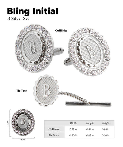 Vittorio Vico Bling Initial Cufflinks & Tie Tack Set in Gift Box - Suits You Sir - Silver - B