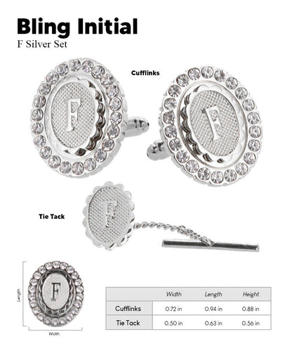 Vittorio Vico Bling Initial Cufflinks & Tie Tack Set in Gift Box - Suits You Sir - Silver - F