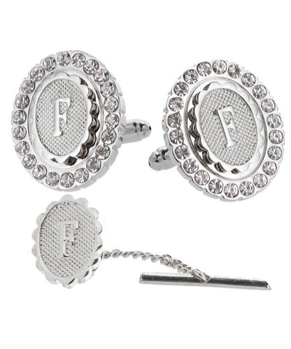 Vittorio Vico Bling Initial Cufflinks & Tie Tack Set in Gift Box - Suits You Sir - Silver - F