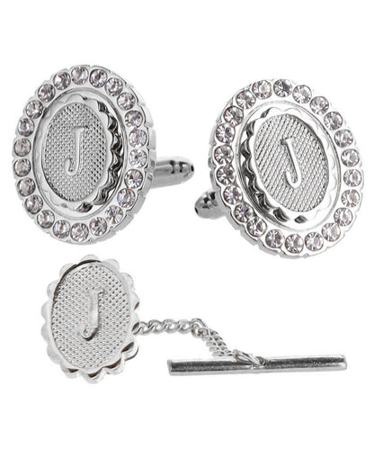 Vittorio Vico Bling Initial Cufflinks & Tie Tack Set in Gift Box - Suits You Sir - Silver - J