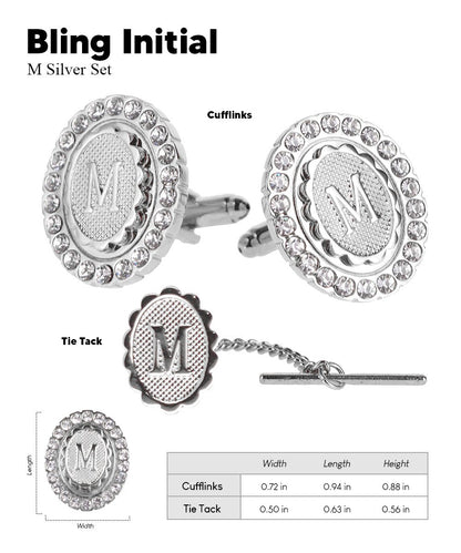 Vittorio Vico Bling Initial Cufflinks & Tie Tack Set in Gift Box - Suits You Sir - Silver - M