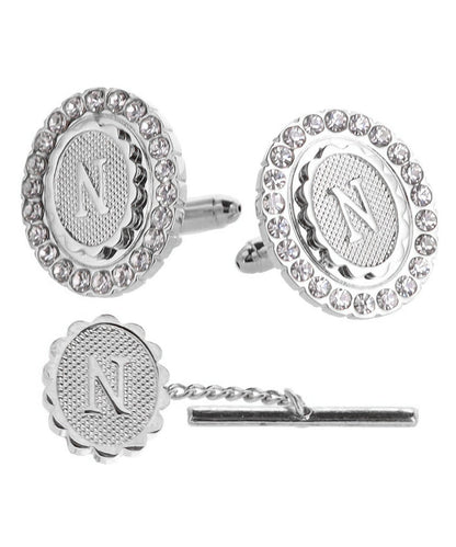 Vittorio Vico Bling Initial Cufflinks & Tie Tack Set in Gift Box - Suits You Sir - Silver - N