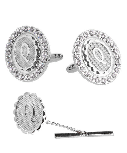 Vittorio Vico Bling Initial Cufflinks & Tie Tack Set in Gift Box - Suits You Sir - Silver - Q