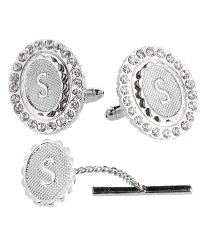 Vittorio Vico Bling Initial Cufflinks & Tie Tack Set in Gift Box - Suits You Sir - Silver - S