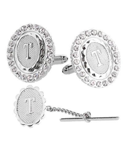 Vittorio Vico Bling Initial Cufflinks & Tie Tack Set in Gift Box - Suits You Sir - Silver - T