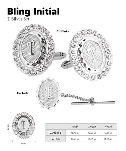 Vittorio Vico Bling Initial Cufflinks & Tie Tack Set in Gift Box - Suits You Sir - Silver - T